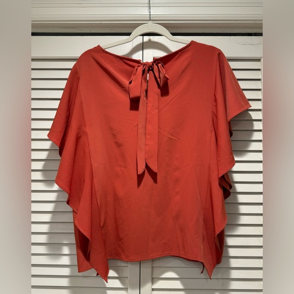 EUC—UMGEE—S, Oversized Ruffle Blouse, Rust Color, Keyhole Opening w/ Bow Closure - Picture 2 of 5